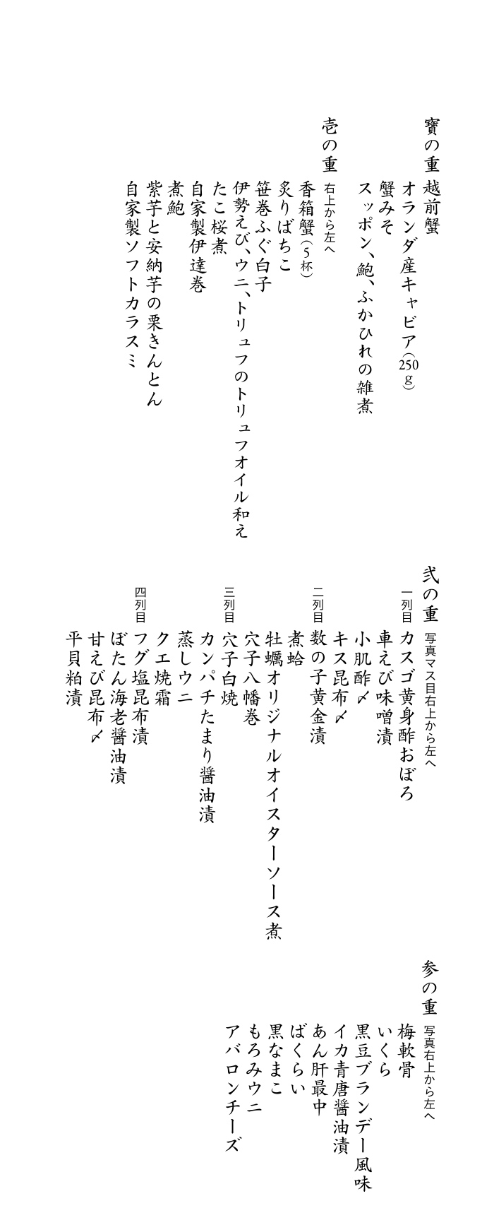 壱の重：伊勢海老にウニのトリュフオイル和え・香箱蟹・たこの桜煮・わさび・自家製伊達巻き・特性ばちこ（ハーフドライ）・蒸し鮑・アカザエビに特性ソフトカラスミ/弐の重：数の子黄金漬・ヒラメ昆布〆・蒸しウニ・ヅケまぐろ磯辺巻き・牡蠣の自家製オイスターソース煮・小肌酢〆・フグの塩昆布漬・甘えび昆布〆・穴子八幡巻・車えび味噌漬・カスゴ黄身おぼろ漬・煮蛤・穴子白焼・クエ焼霜・青柳のヌタ・サワラきずし/参の重：あん肝・なまこ・平貝タルタル・梅軟骨・いくら・もろみウニ・ばくらい・アバロンチーズ・イカの青唐醤油漬